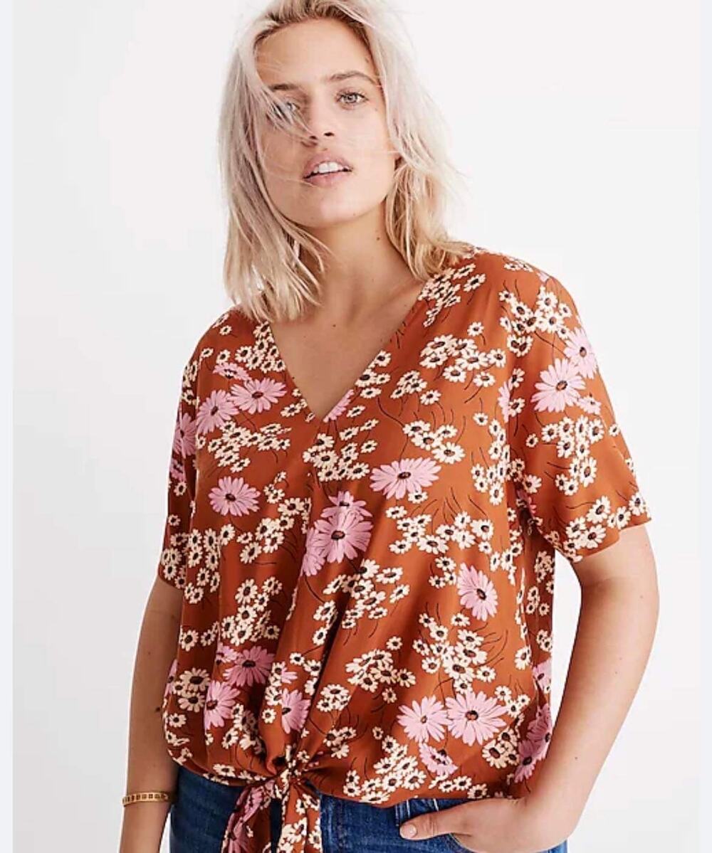 Madewell Hillside Daisies Brown Floral Tie Front V-Neck Short Sleeve Top Size M